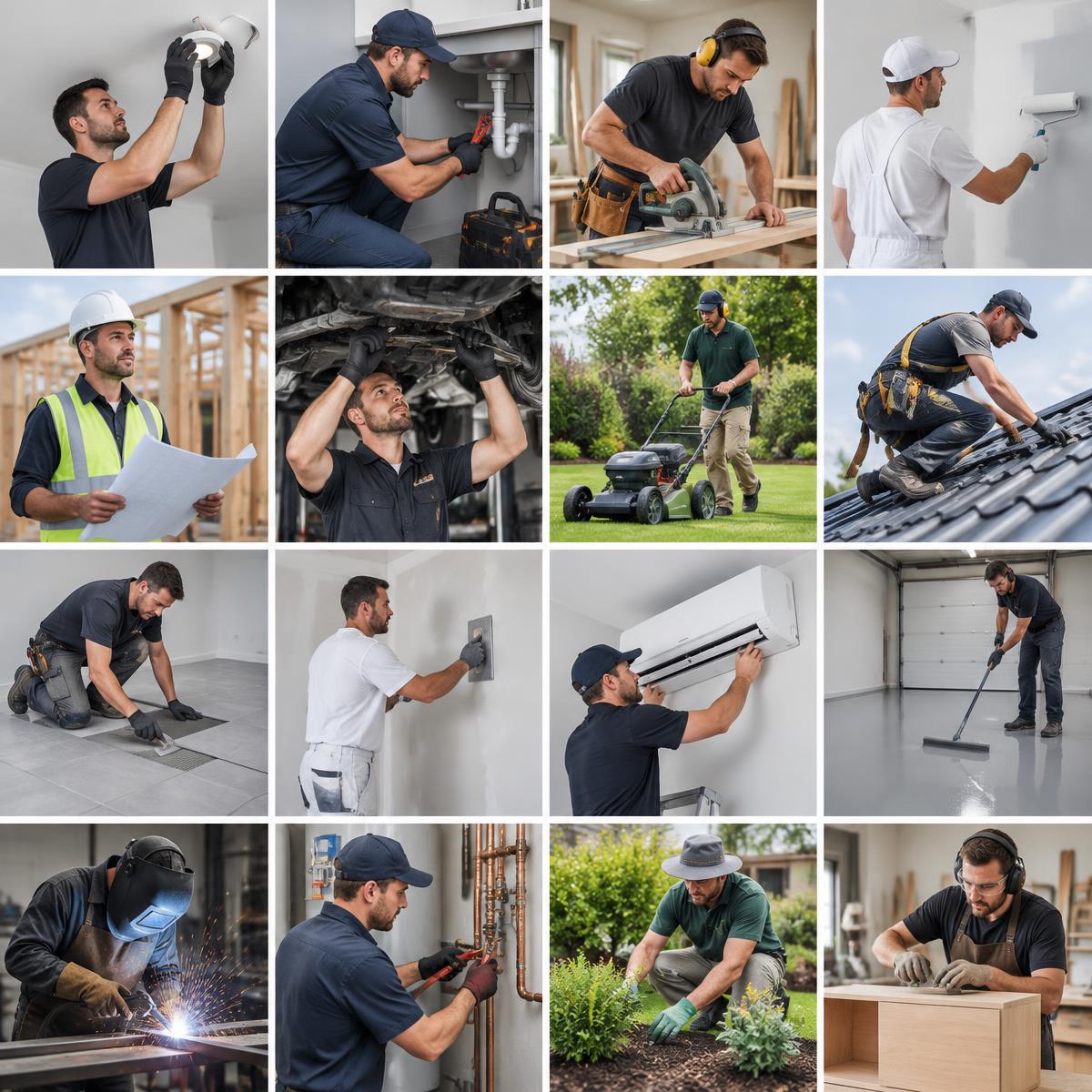 Collage of trades ClickSpur supports: electrician, plumber, carpenter, painter, builder, mechanic, landscaper and more